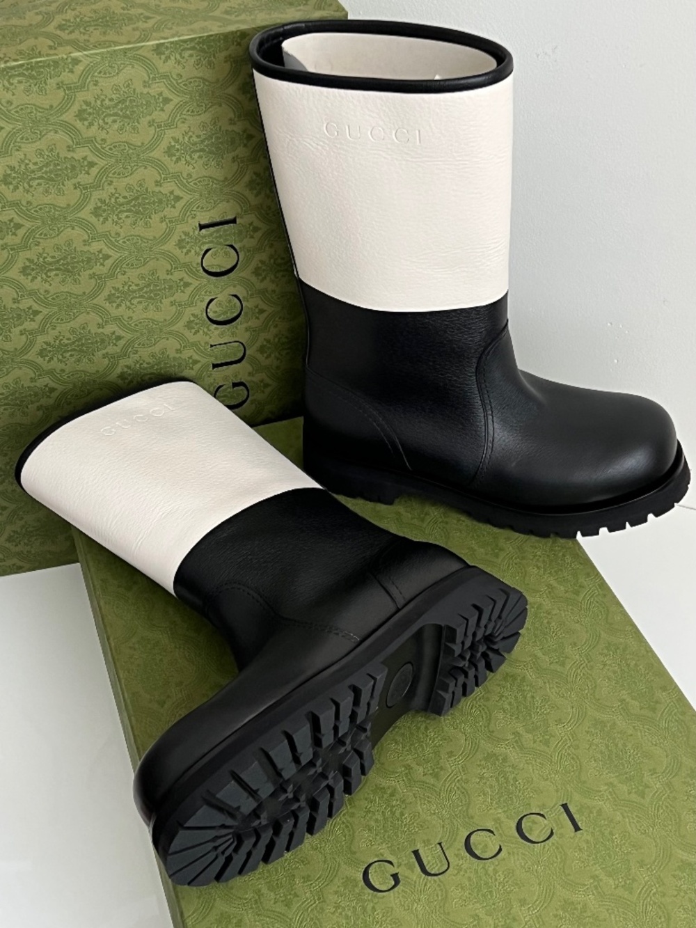 Gucci Men's Boots Rain Snow Biker Black White Leather High Size 9 US 9.5 EU43New